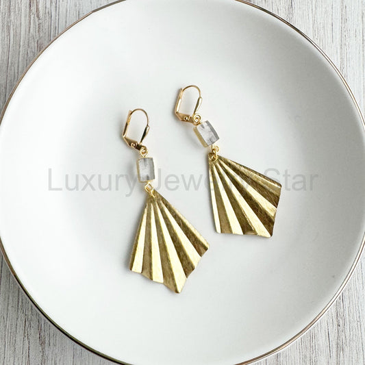 Raw Brass Fan and Rutilated Quartz Dangle Earrings