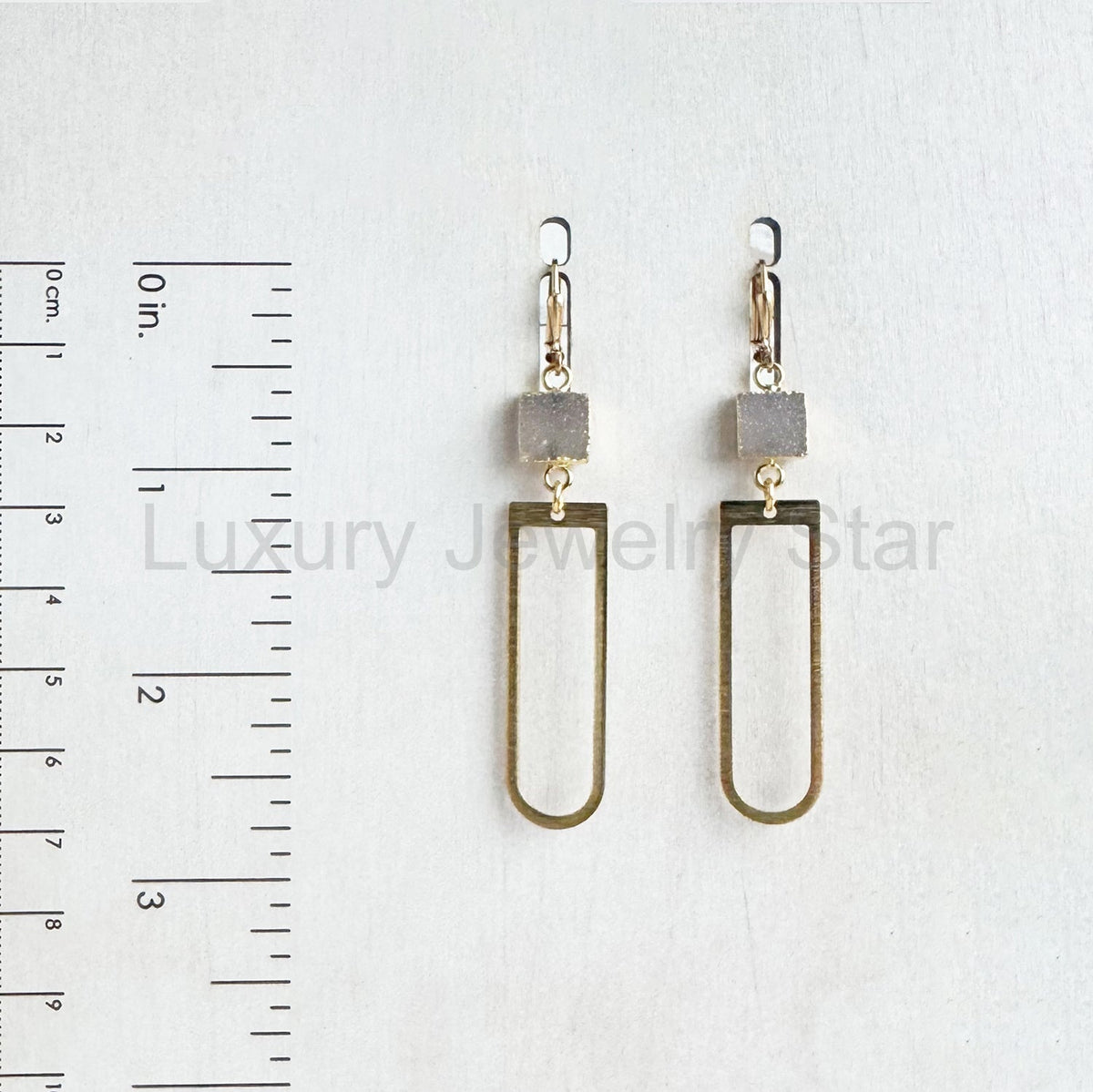 Raw Brass Horseshoe and Natural Druzy Dangle Earrings - image 2