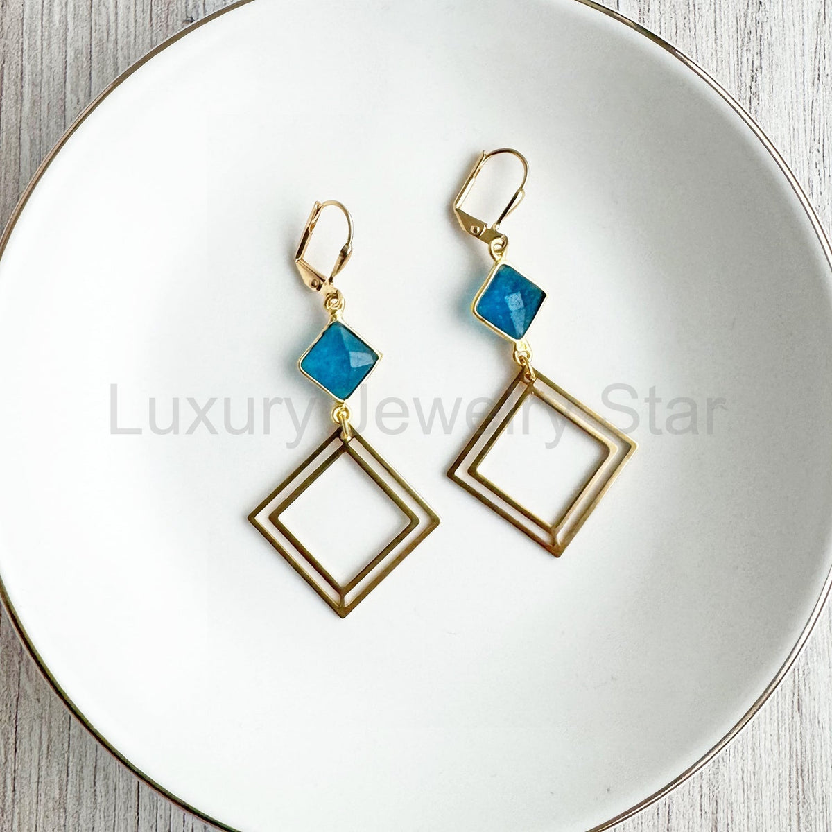 Raw Brass Layered Diamond and Apatite Statement Earrings