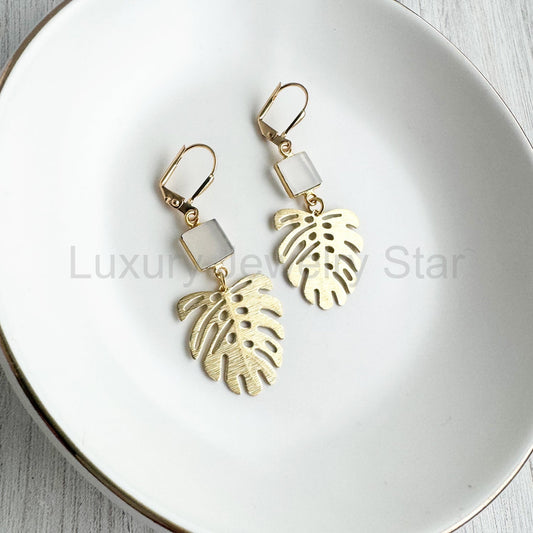 Raw Brass Monstera Leaf and White Onyx Earrings