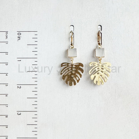 Raw Brass Monstera Leaf and White Onyx Earrings - image 2