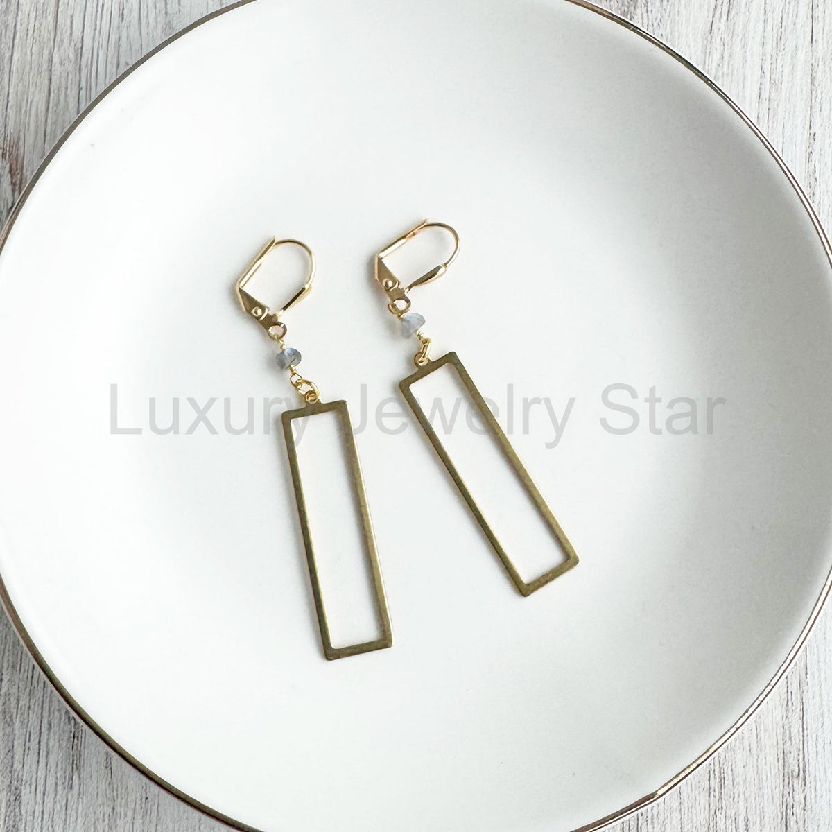 Raw Brass Rectangle and Labradorite Bead Dangle Earrings