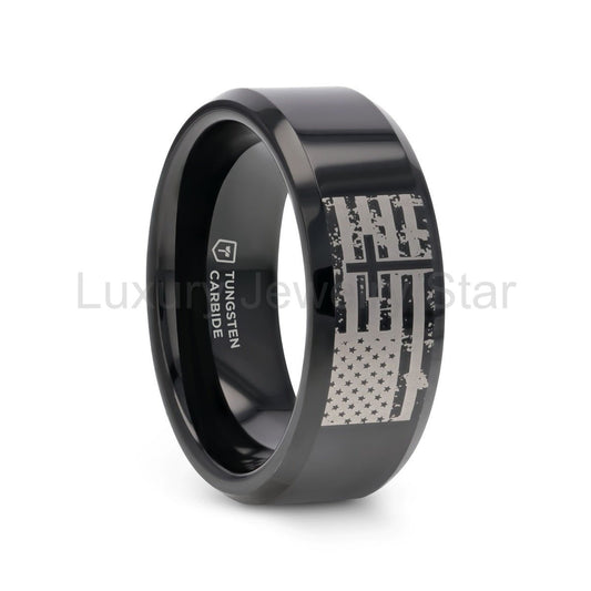 AMERICAN FLAG & CROSS | Engraved Black Tungsten Band, Beveled