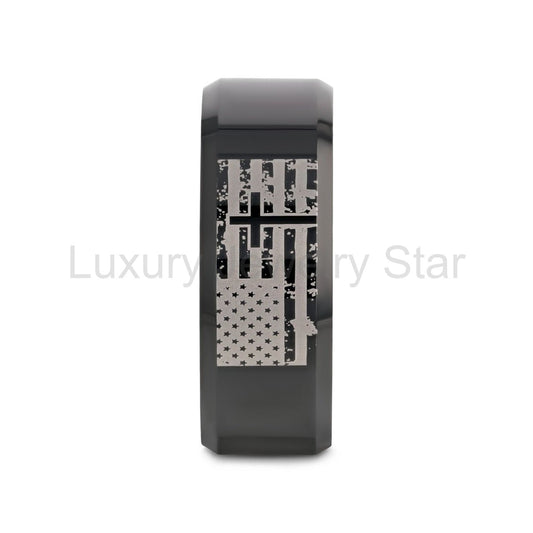 AMERICAN FLAG & CROSS | Engraved Black Tungsten Band, Beveled - image 2