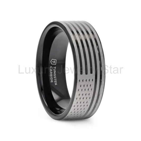AMERICAN FLAGS | Engraved Black Tungsten Band, Flat Polished