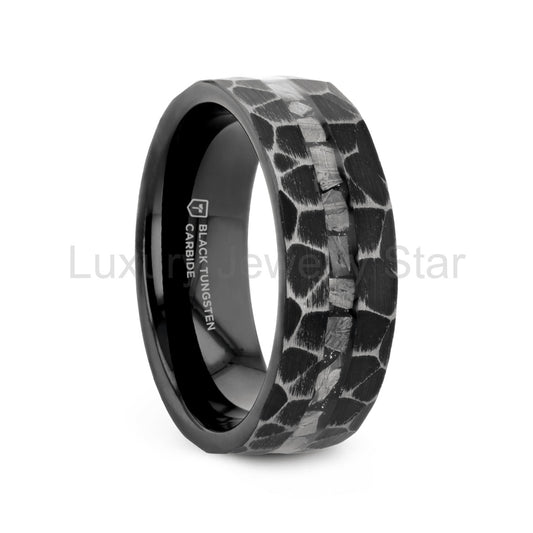 FISSURE | Black Tungsten Ring, Hammered, Meteorite Inlay