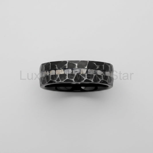 FISSURE | Black Tungsten Ring, Hammered, Meteorite Inlay - image 2