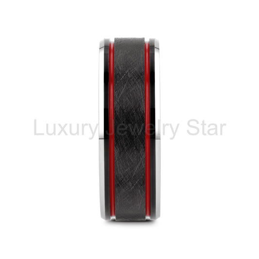 OLIS | Black Tungsten Ring, Double Red Stripe, Wire Finish - image 2