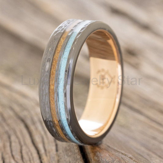 "Cosmo" - Whiskey Barrel Oak & Turquoise Wedding Ring Featuring A Hammered Band With A 14K Gold