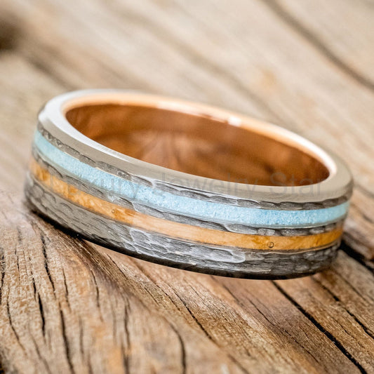 "Cosmo" - Whiskey Barrel Oak & Turquoise Wedding Ring Featuring A Hammered Band With A 14K - image 2