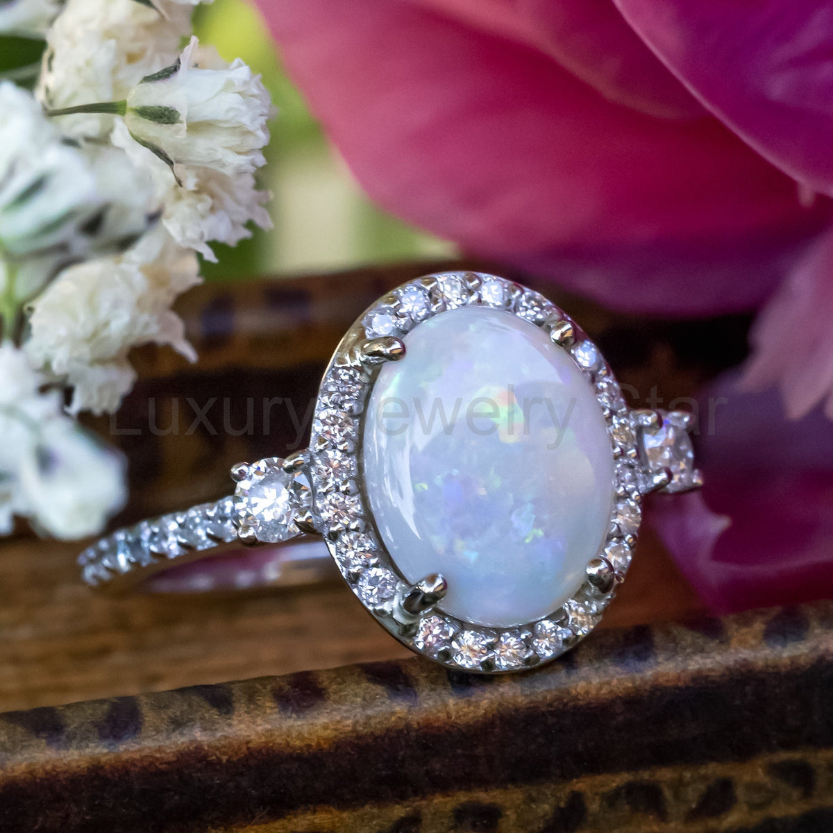 "KB" - Oval Cabochon Cut White Opal Engagement Ring With Diamond Halo & Accents - 14K White Gold