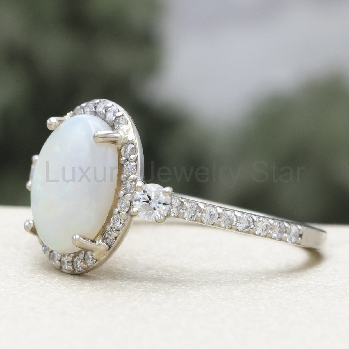 "KB" - Oval Cabochon Cut White Opal Engagement Ring With Diamond Halo & Accents - 14K - image 4