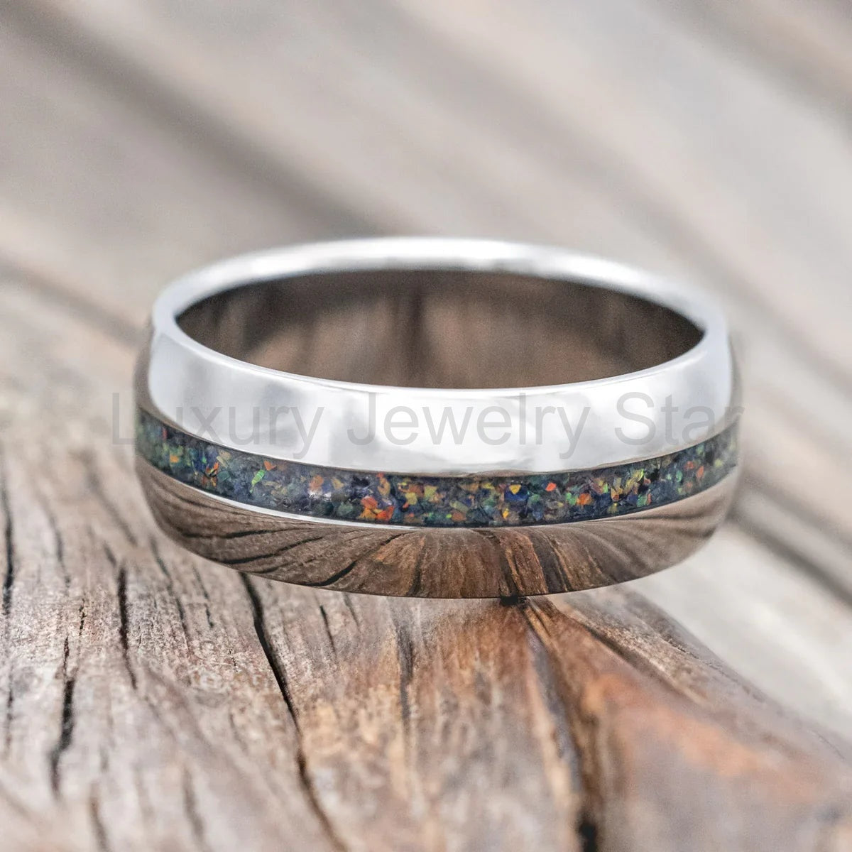 "Nirvana" - Domed Wedding Band With Black Fire Opal Inlay - Titanium (6mm) - Size 8 - image 3