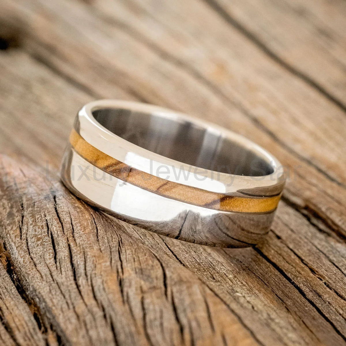 "Vertigo" - Bethlehem Olive Wood Wedding Band - Titanium (8mm) - Size 9 1/4 - image 2