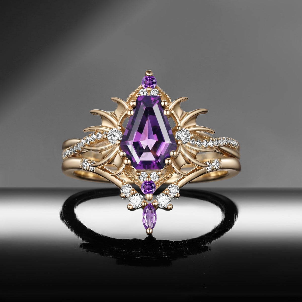 'Angel in Disguise' - Gothic Coffin Amethyst Infinity Bat Engagement Ring Set in Black - image 3