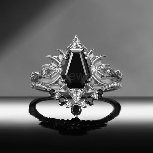 'Angel in Disguise' - Gothic Coffin Black Moissanite Vintage Bat Engagement Ring Set with Bat Wing