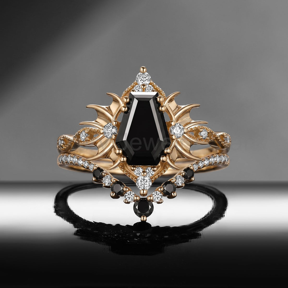 'Angel in Disguise' - Gothic Coffin Black Moissanite Vintage Bat Engagement Ring Set with - image 3