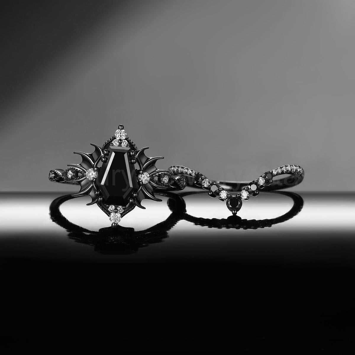 'Angel in Disguise' - Gothic Coffin Black Moissanite Vintage Bat Engagement Ring Set with - image 6