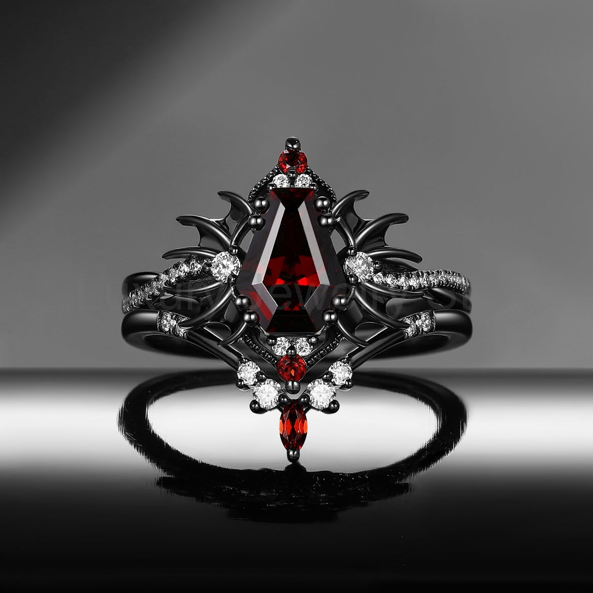 'Angel in Disguise' - Gothic Coffin Garnet Infinity Bat Engagement Ring Set in Black Gold