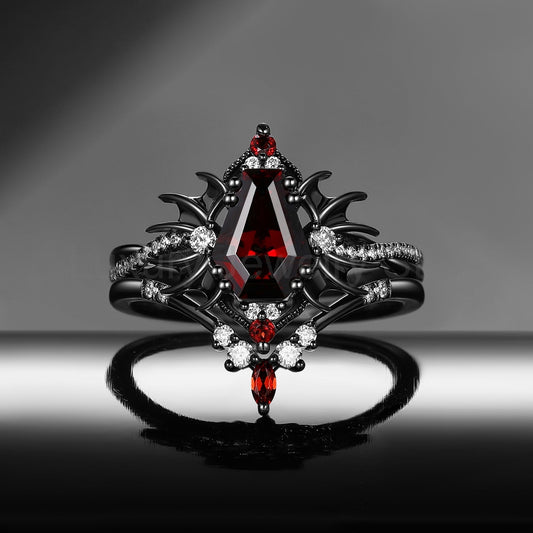 'Angel in Disguise' - Gothic Coffin Garnet Infinity Bat Engagement Ring Set in Black Gold