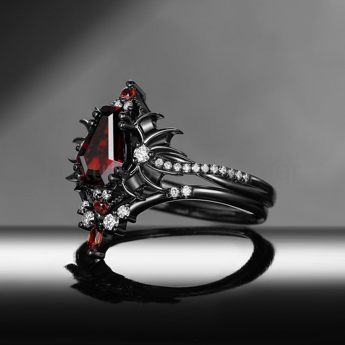 'Angel in Disguise' - Gothic Coffin Garnet Infinity Bat Engagement Ring Set in Black Gold - image 2