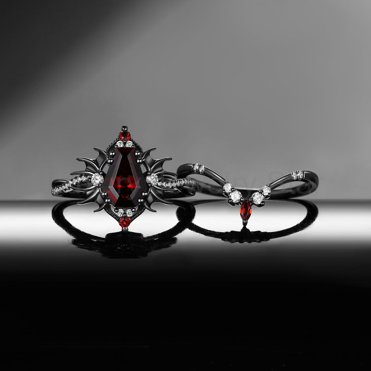 'Angel in Disguise' - Gothic Coffin Garnet Infinity Bat Engagement Ring Set in Black Gold - image 4