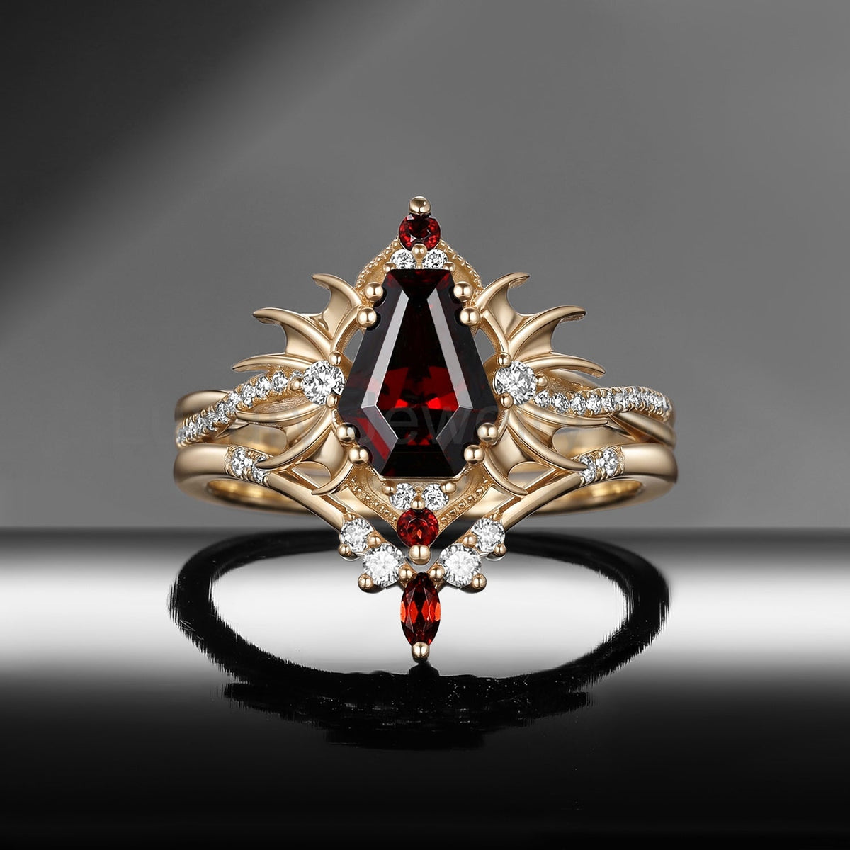 'Angel in Disguise' - Gothic Coffin Garnet Infinity Bat Engagement Ring Set in Black Gold - image 5