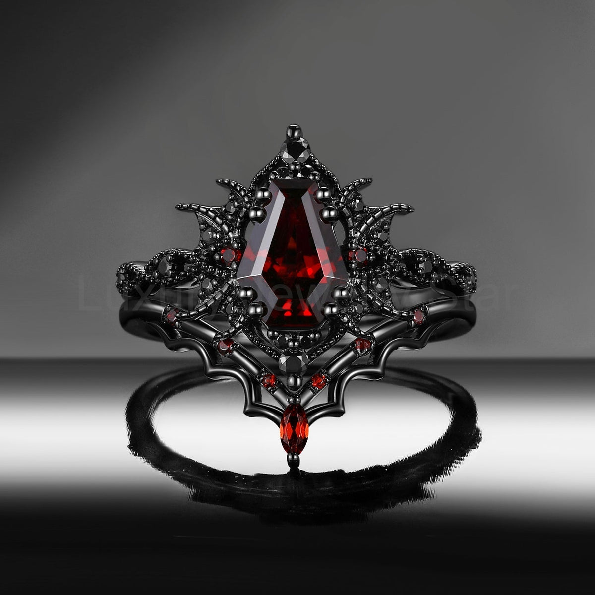 'Bat Romance' - Gothic Coffin Cut Garnet Engagement Ring Set with Bat Wing Milgrain in Black