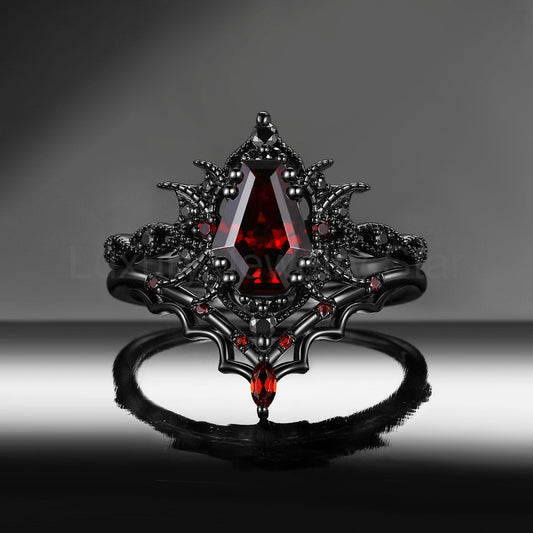 'Bat Romance' - Gothic Coffin Cut Garnet Engagement Ring Set with Bat Wing Milgrain in Black