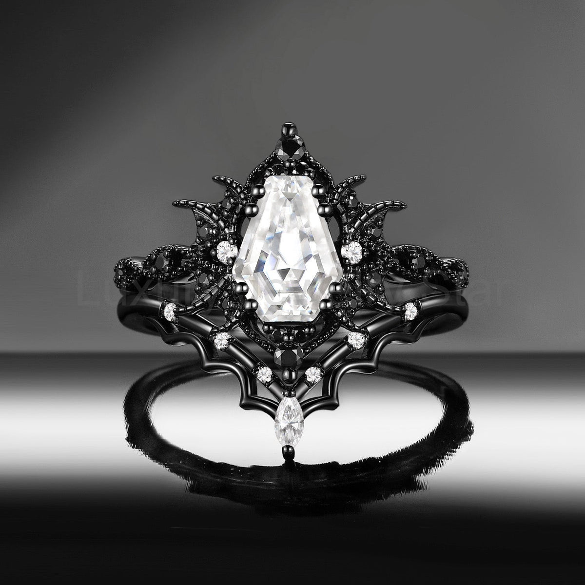 'Bat Romance' - Gothic Coffin Cut Garnet Engagement Ring Set with Bat Wing Milgrain in - image 15