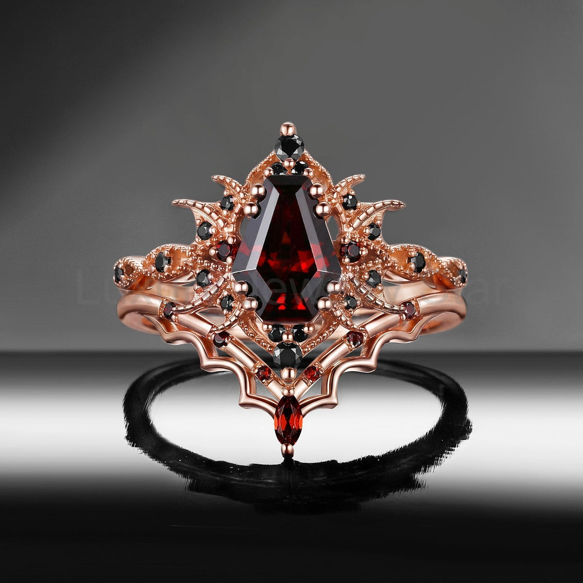 'Bat Romance' - Gothic Coffin Cut Garnet Engagement Ring Set with Bat Wing Milgrain in - image 16