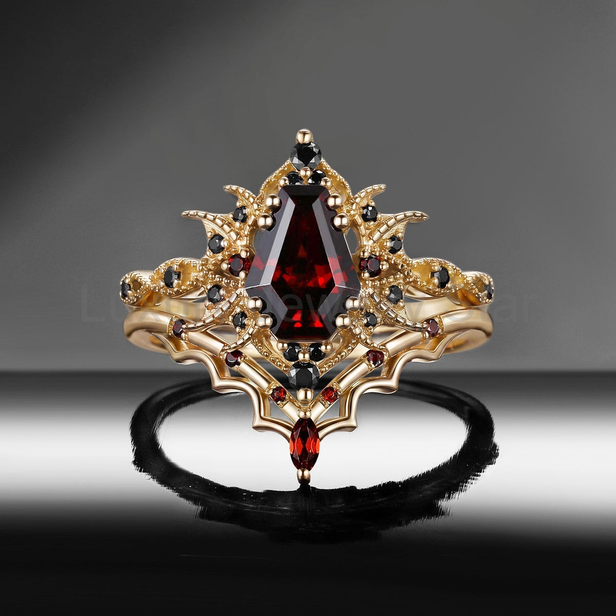 'Bat Romance' - Gothic Coffin Cut Garnet Engagement Ring Set with Bat Wing Milgrain in - image 17