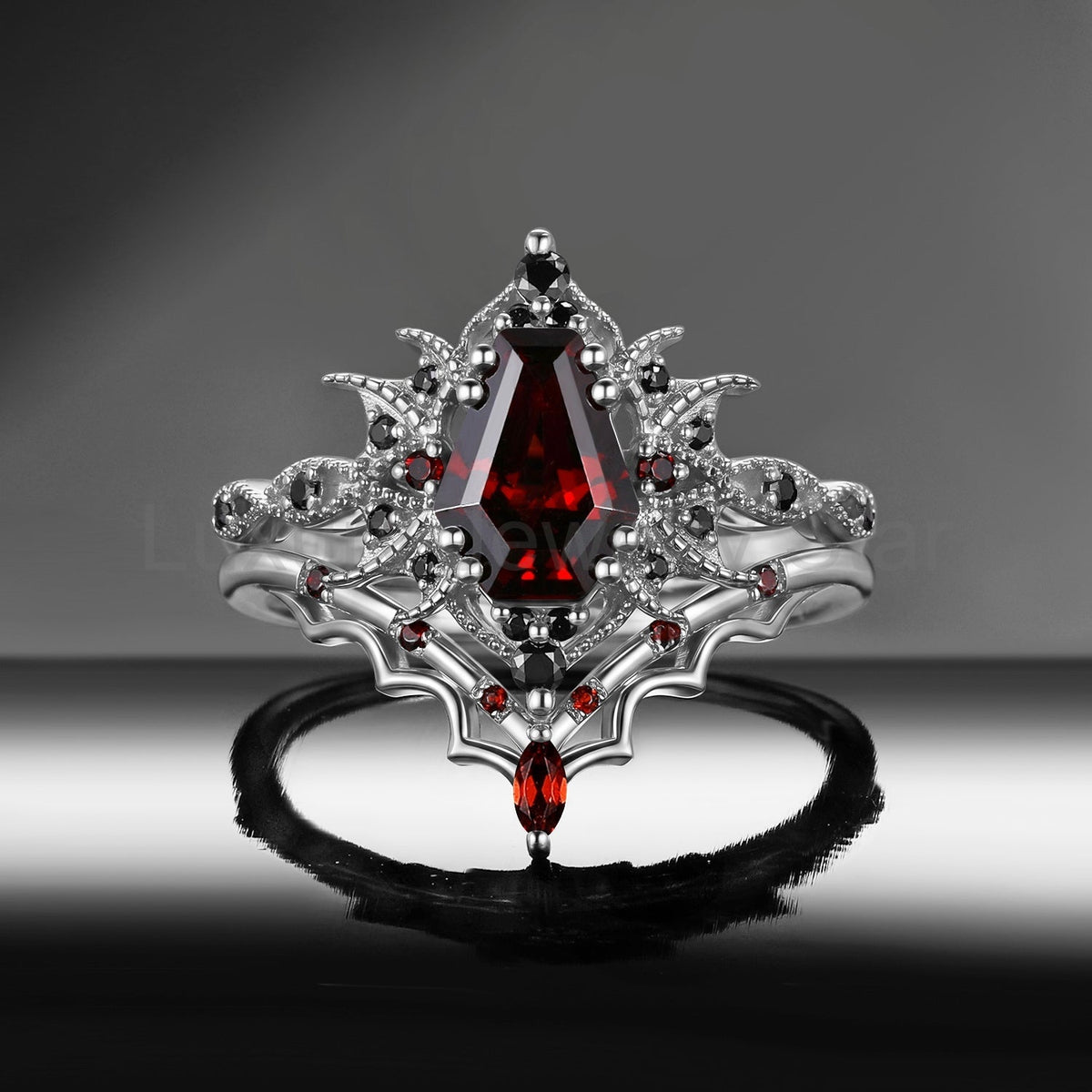 'Bat Romance' - Gothic Coffin Cut Garnet Engagement Ring Set with Bat Wing Milgrain in - image 18