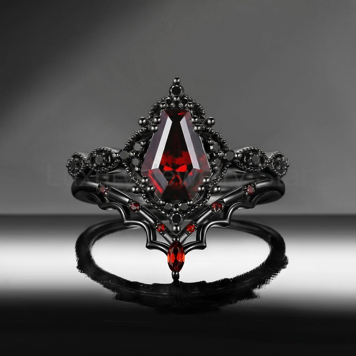 'Bat's Whisper' - Gothic Coffin Cut Garnet Alternative Bridal Engagement Ring Set with Bat Wings in