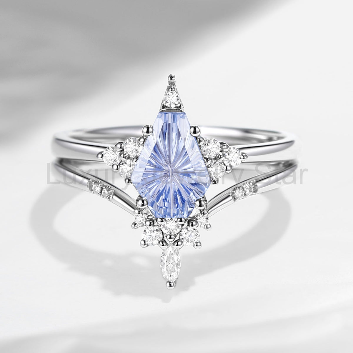 'Coffin Kite' - Fantasy Carved Coffin Lab Cornflower Sapphire Cluster Star Engagement Ring - image 2