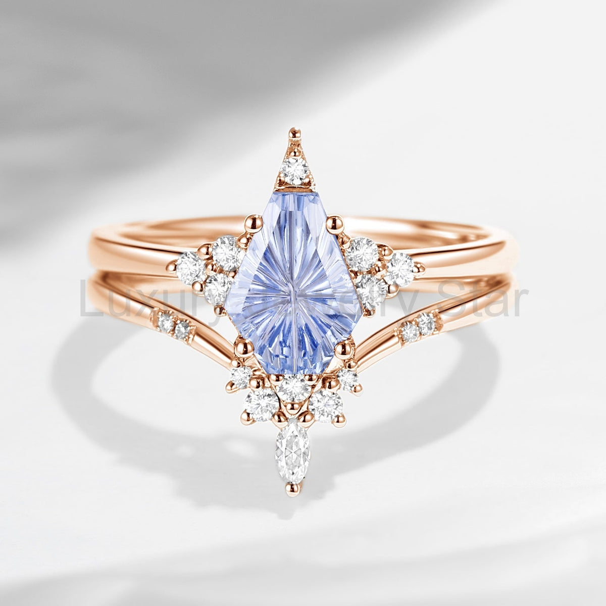 'Coffin Kite' - Fantasy Carved Coffin Lab Cornflower Sapphire Cluster Star Engagement Ring - image 3