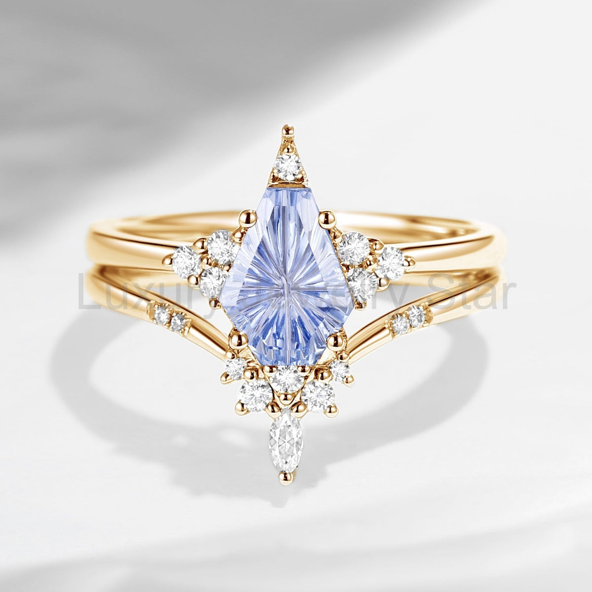 'Coffin Kite' - Fantasy Carved Coffin Lab Cornflower Sapphire Cluster Star Engagement Ring - image 4