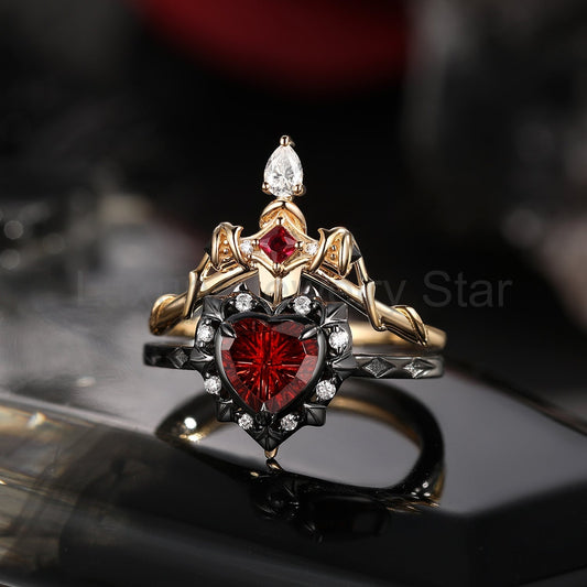'Cupid's Arrow' - Fantasy Cut Garnet Heart Sword Two-Tone Ring Set