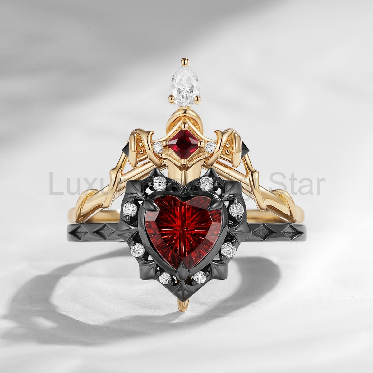 'Cupid's Arrow' - Fantasy Cut Garnet Heart Sword Two-Tone Ring Set - image 2