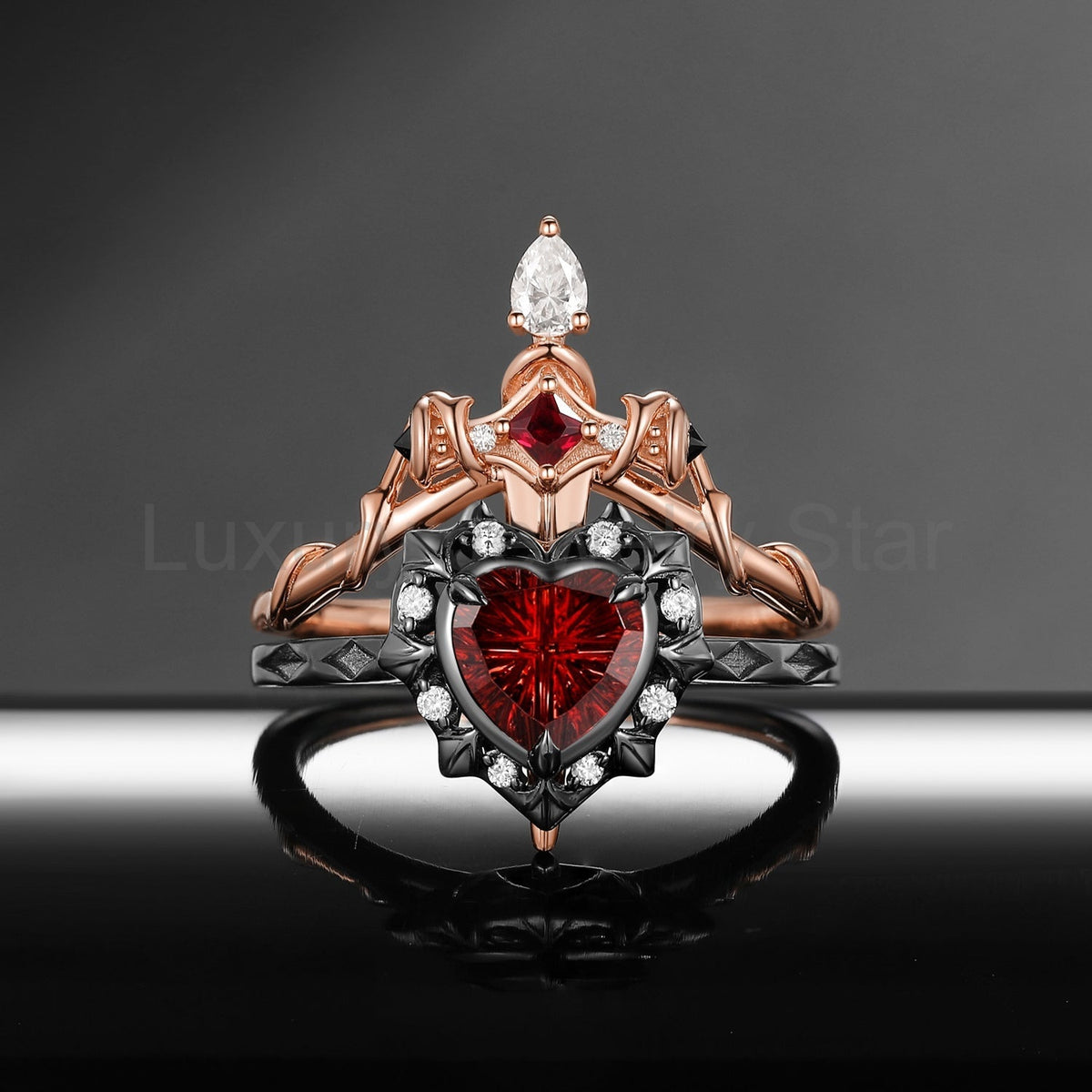 'Cupid's Arrow' - Fantasy Cut Garnet Heart Sword Two-Tone Ring Set - image 6