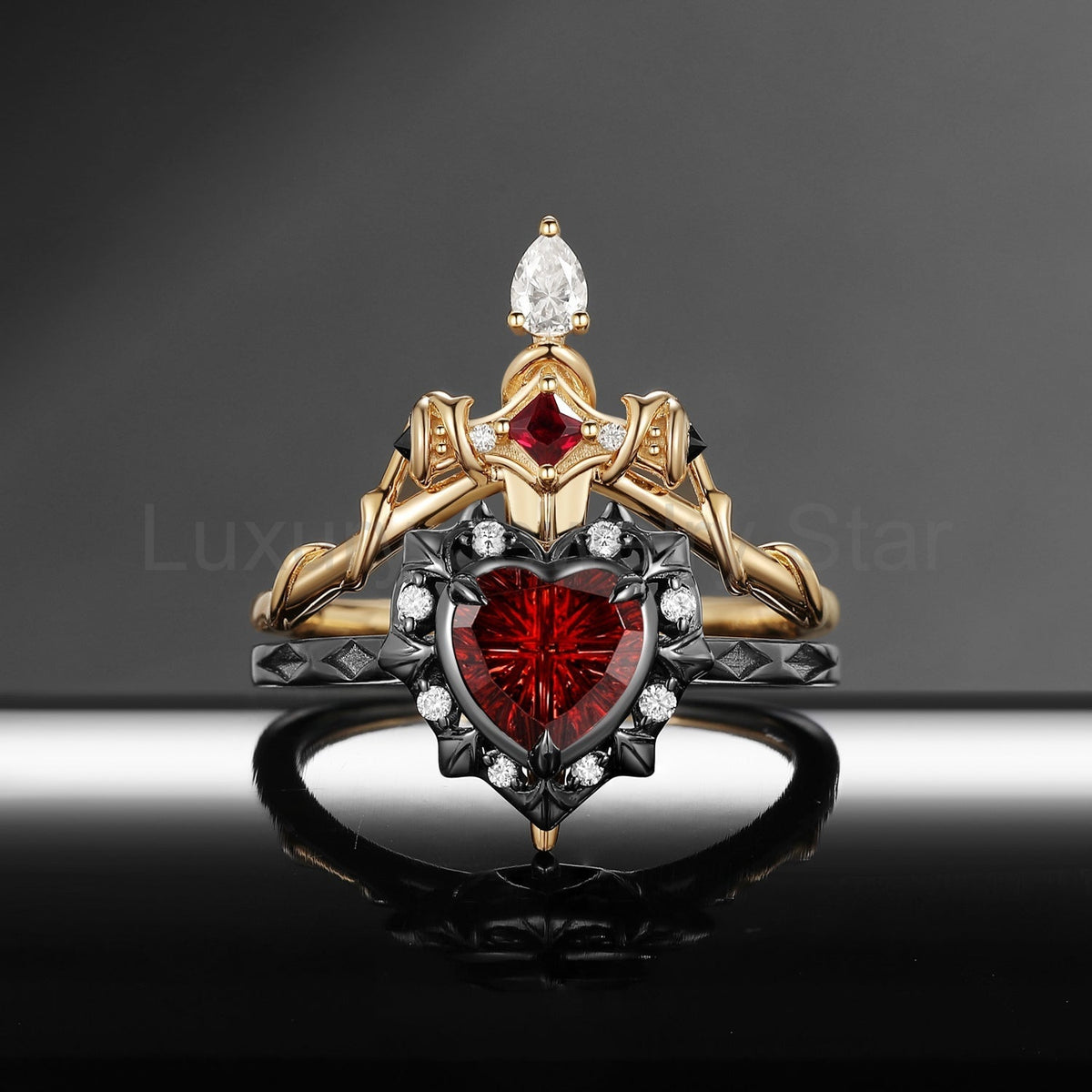 'Cupid's Arrow' - Fantasy Cut Garnet Heart Sword Two-Tone Ring Set - image 7