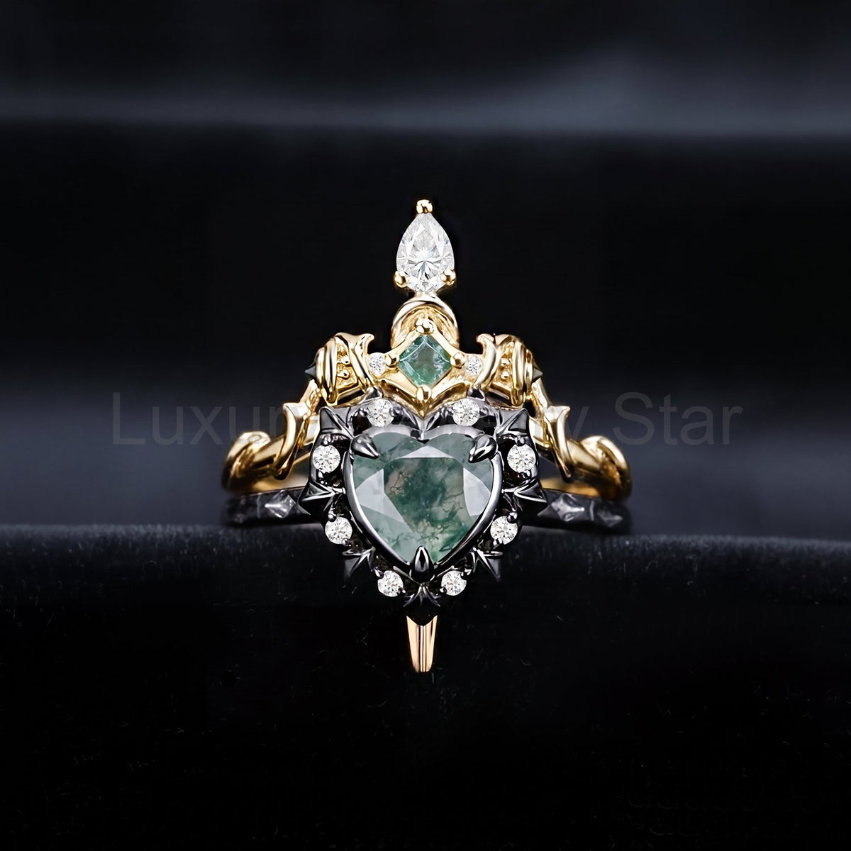 'Cupid's Arrow' - Gorhic Heart Cut Moss Agate Heart Sword Ring Alternative Bridal Set