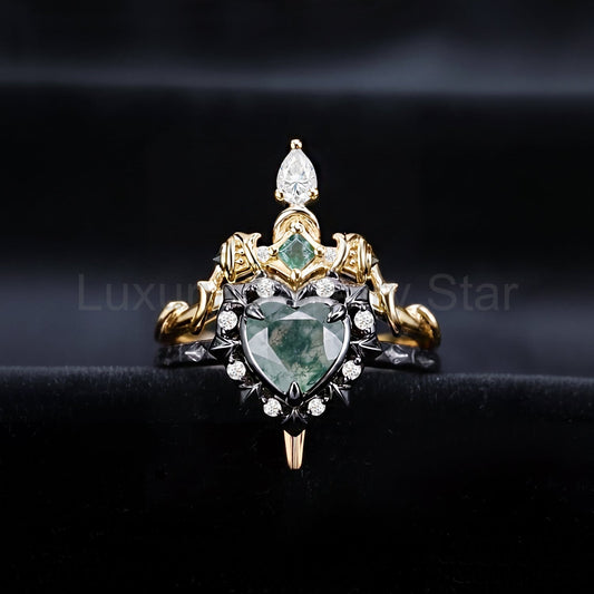 'Cupid's Arrow' - Gorhic Heart Cut Moss Agate Heart Sword Ring Alternative Bridal Set