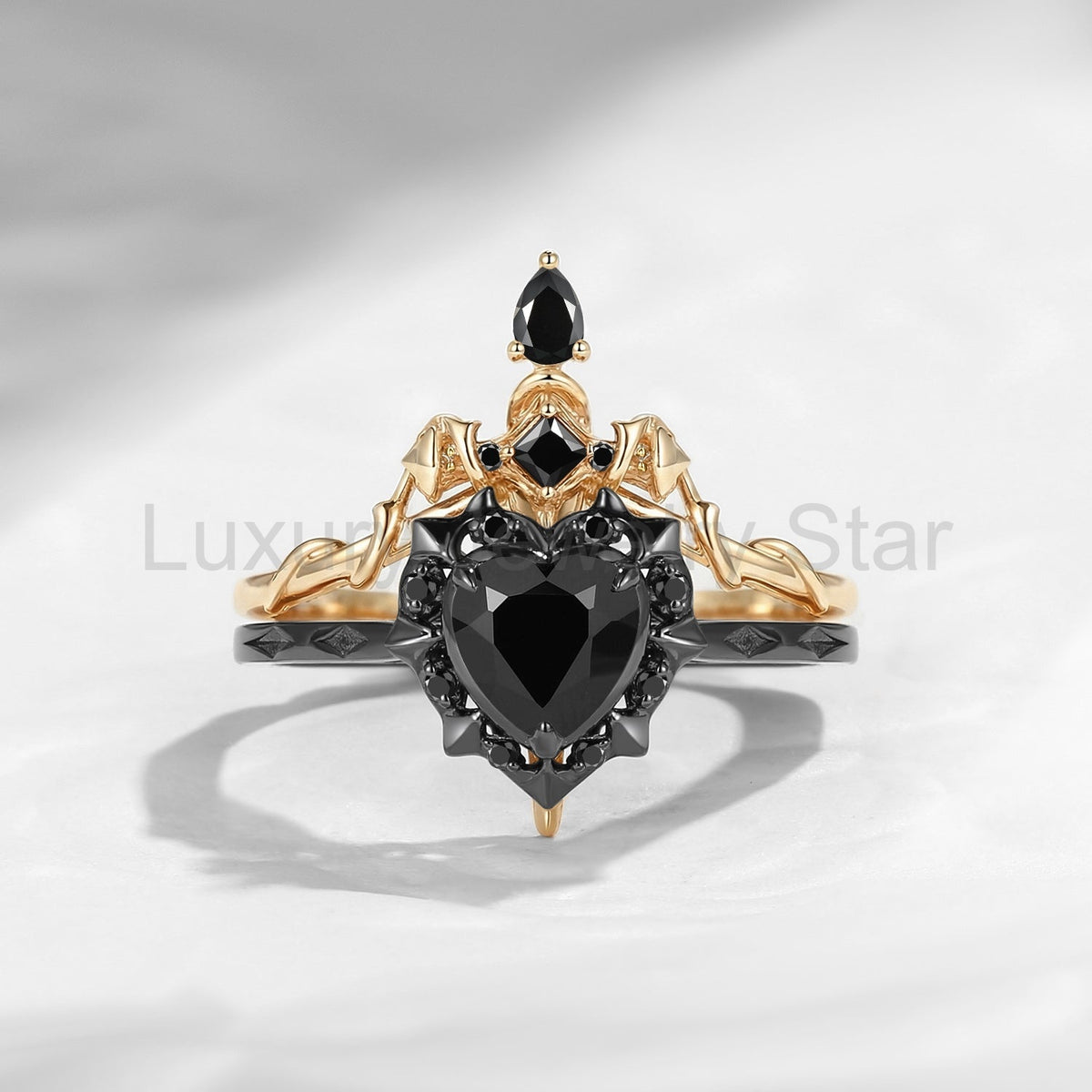 'Cupid's Arrow' - Gorhic Heart Cut Moss Agate Heart Sword Ring Alternative Bridal Set - image 11