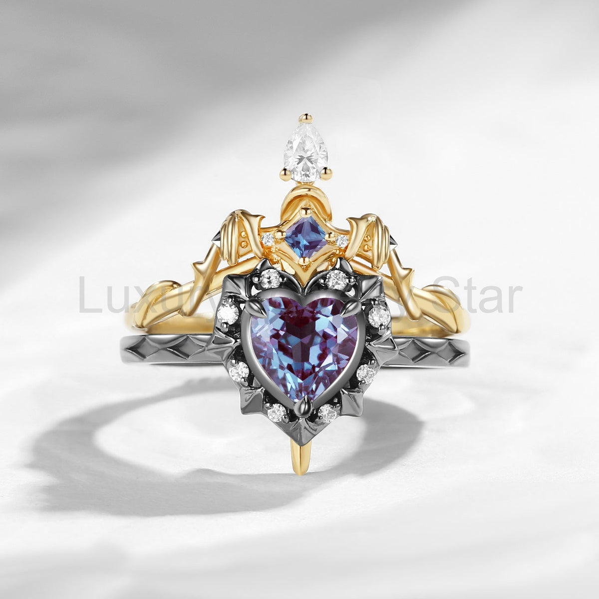 'Cupid's Arrow' - Gorhic Heart Cut Moss Agate Heart Sword Ring Alternative Bridal Set - image 13
