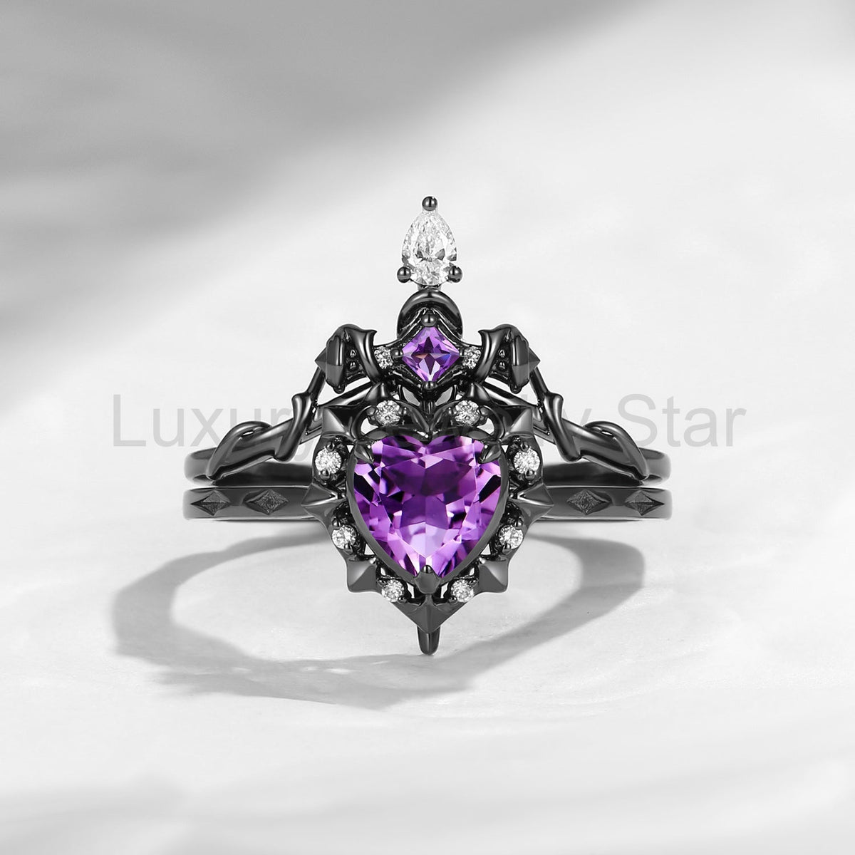 'Cupid's Arrow' - Gorhic Heart Cut Moss Agate Heart Sword Ring Alternative Bridal Set - image 15