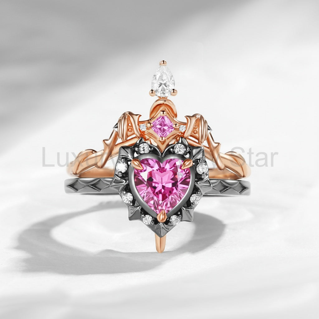 'Cupid's Arrow' - Gorhic Heart Cut Moss Agate Heart Sword Ring Alternative Bridal Set - image 16