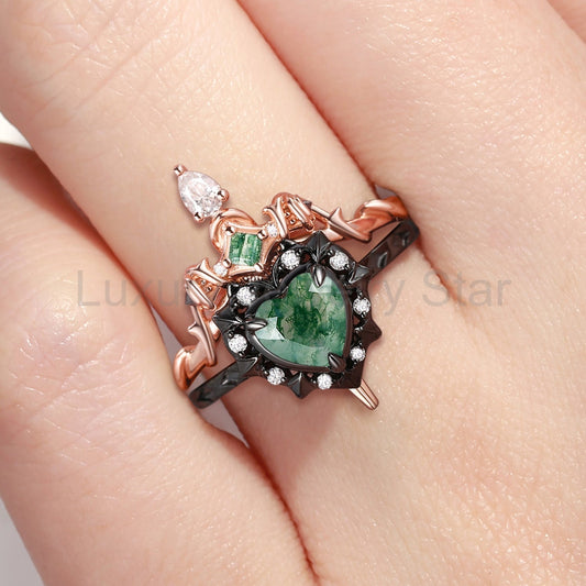 'Cupid's Arrow' - Gorhic Heart Cut Moss Agate Heart Sword Ring Alternative Bridal Set - image 2