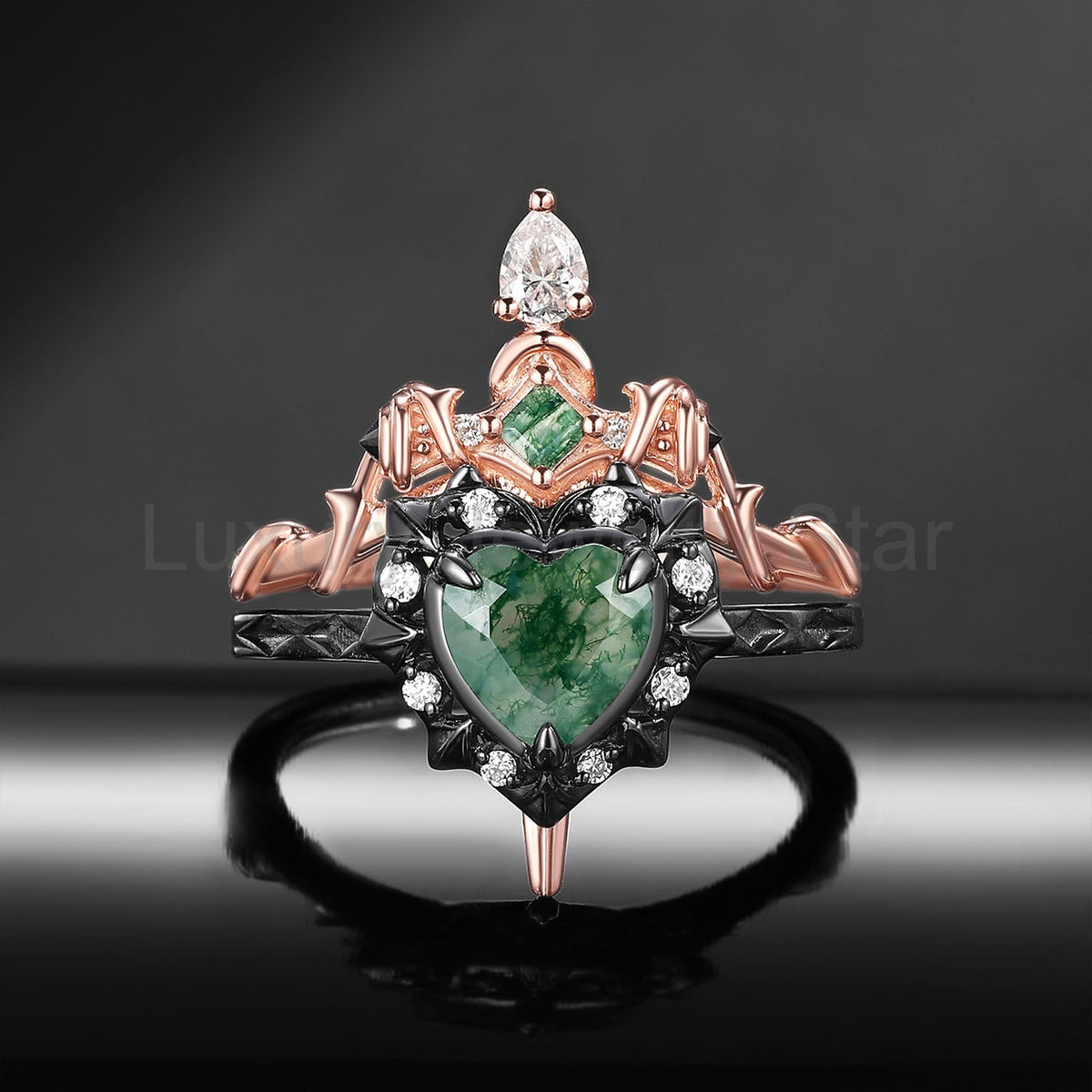 'Cupid's Arrow' - Gorhic Heart Cut Moss Agate Heart Sword Ring Alternative Bridal Set - image 3