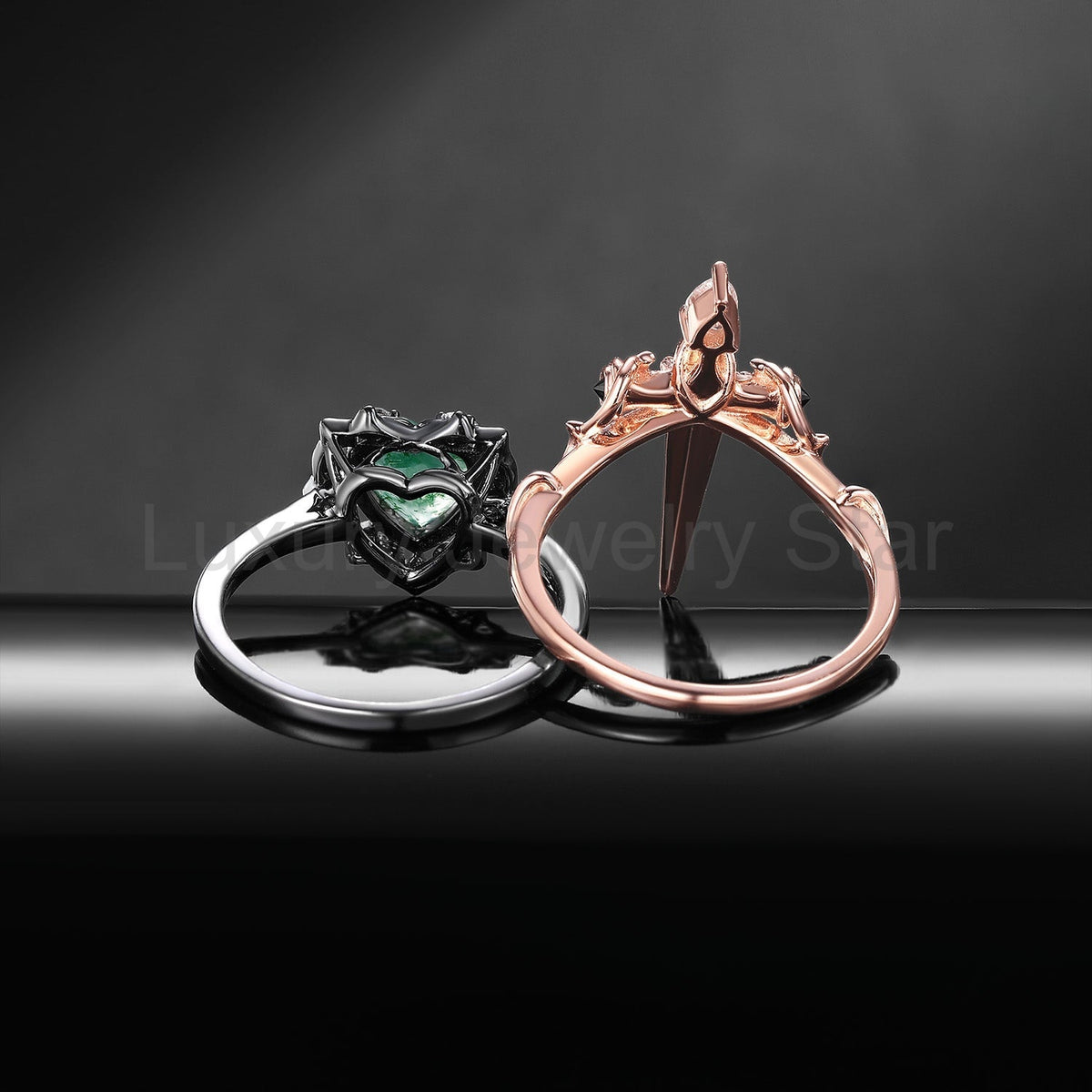 'Cupid's Arrow' - Gorhic Heart Cut Moss Agate Heart Sword Ring Alternative Bridal Set - image 6